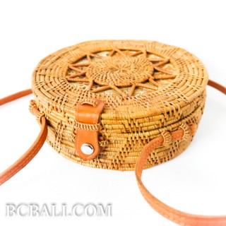 Bali circle rattan grass bag  hand woven fabric lining unique design